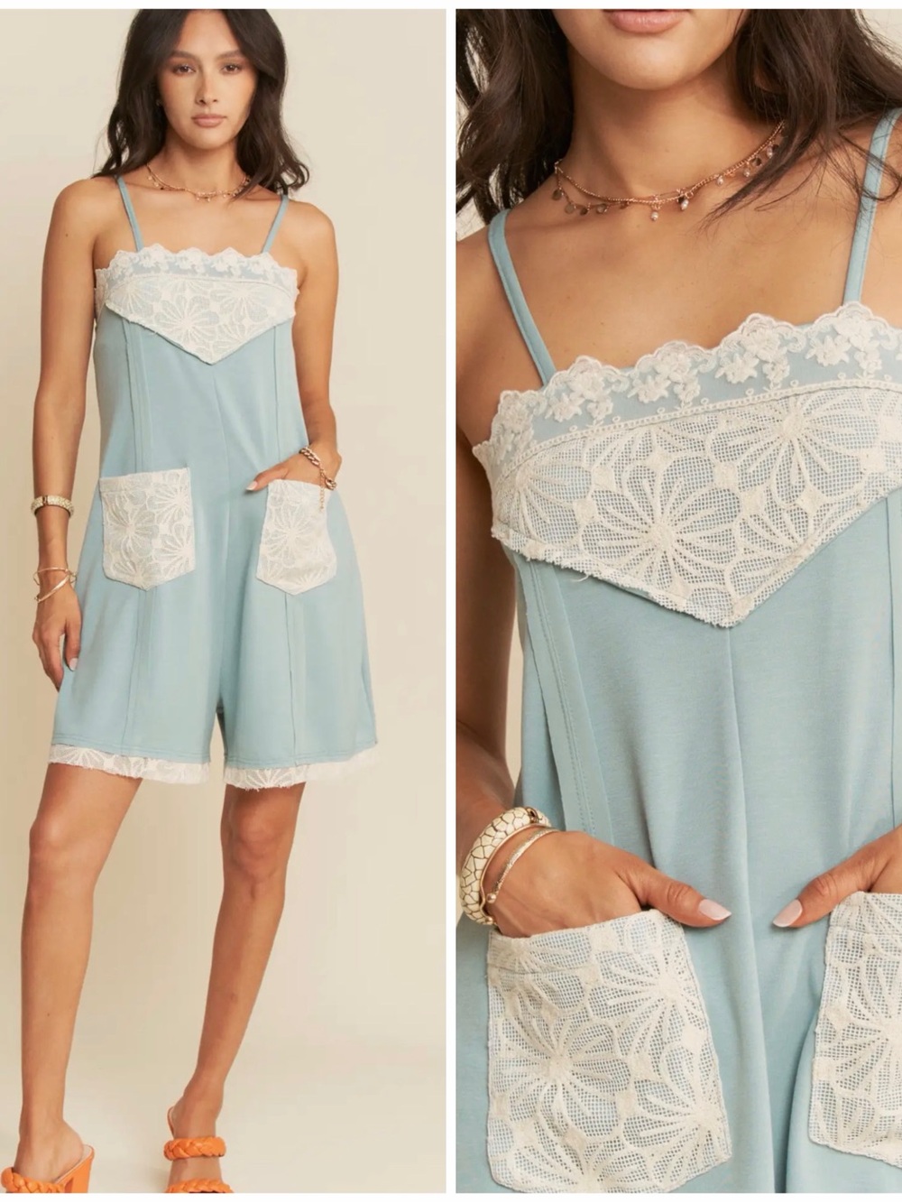 Davi & Sani Light Blue Lace-Trim Romper Chemise with Pockets